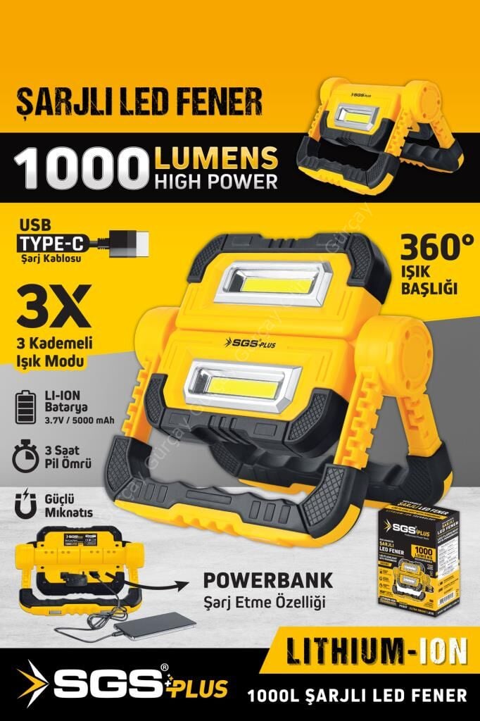 SGS5057 Katlanabilir Şarjlı Led Fener 1000 Lumen 3.7 Volt Mıknatıslı