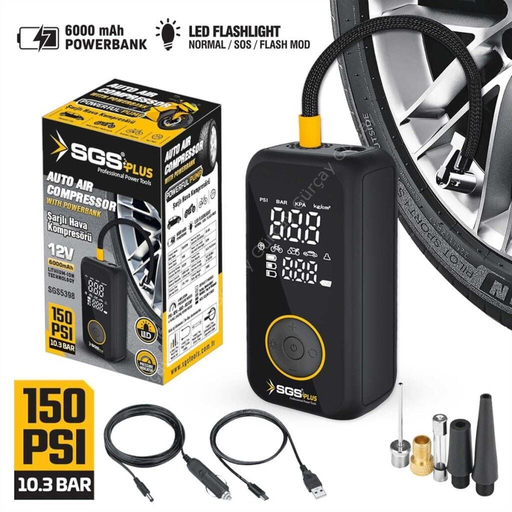 Şarjlı Lastik Hava Kompresörü 12V 6.0 Ah 150 PSI
